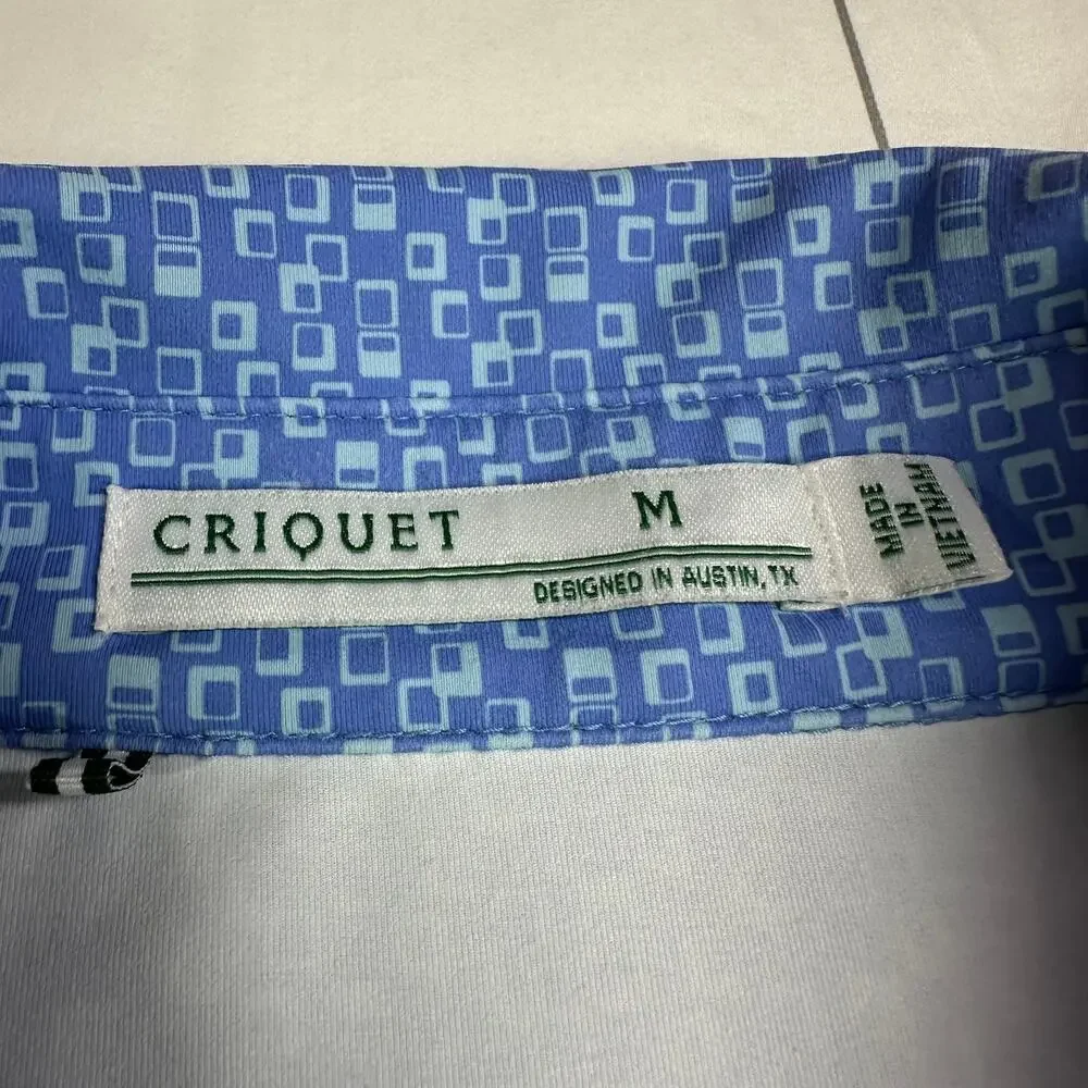 Criquet Shirt Men Medium Blue Performance Polo Geometric Print Short Sleeve Golf